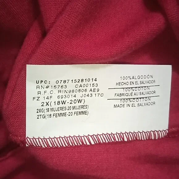 Just My Size Top Sz Plus 2X Red Long Sleeve V Neck 100% Cotton Basic - Picture 4 of 5